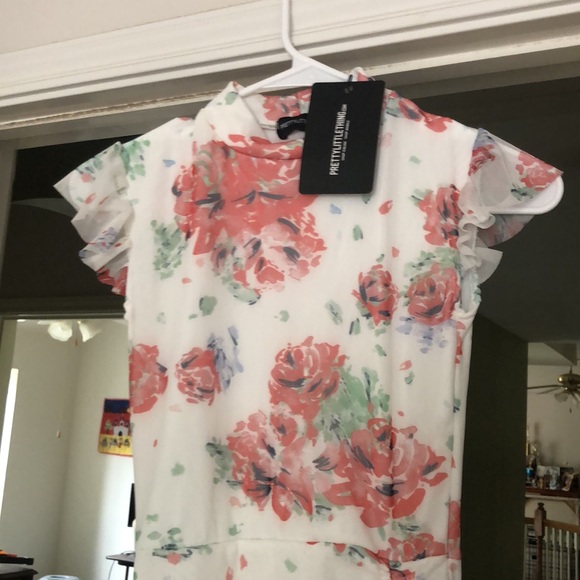 NWOT XS Pretty Little Thing Rose Body Con Mock Neck Ruche Tied dress - Picture 4 of 6